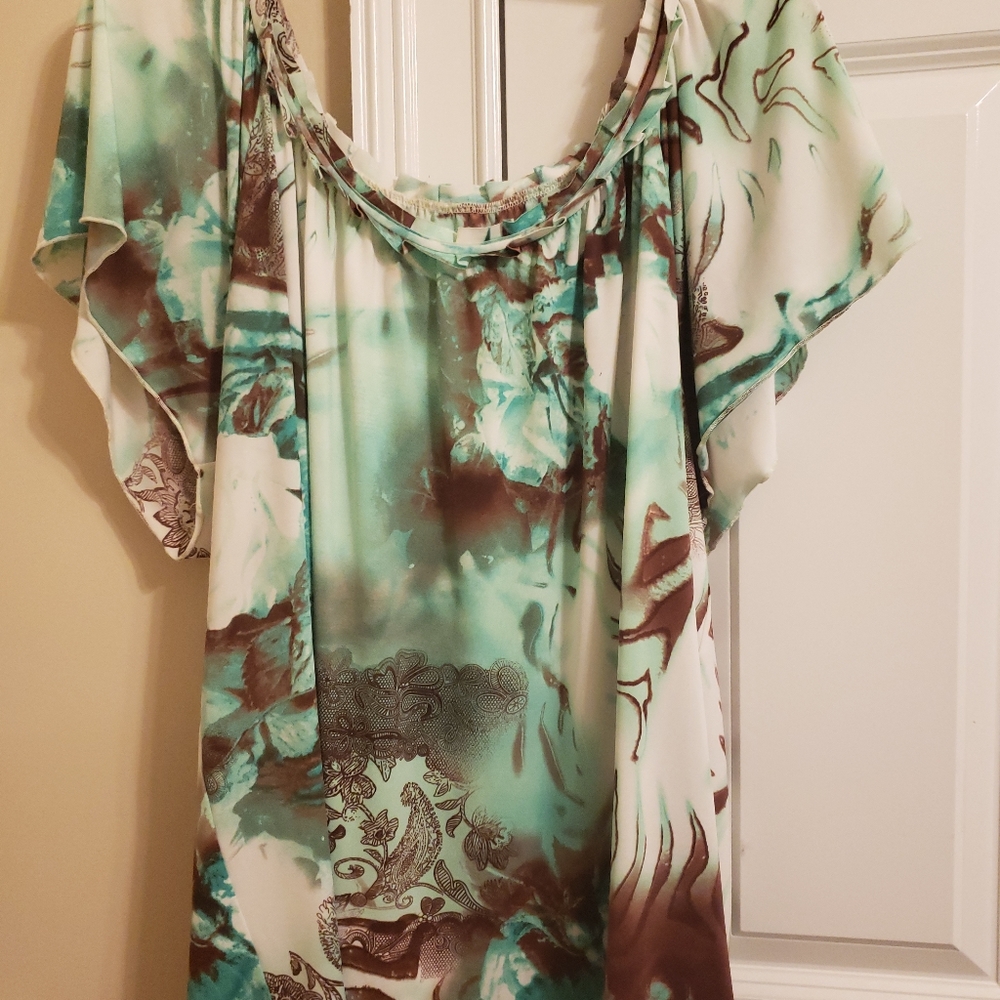 Turquoise and brown flowy blouse